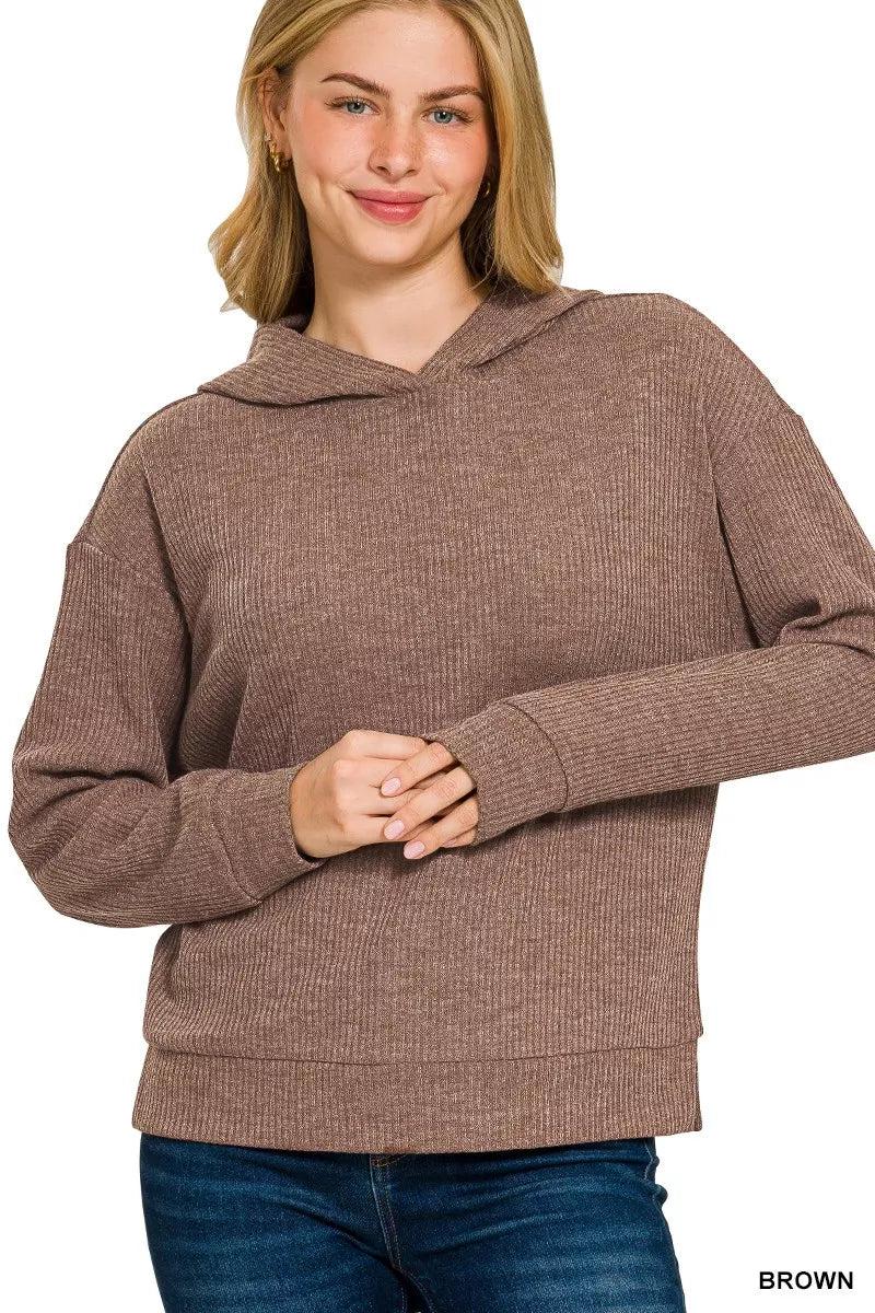 Ribbed Long Sleeve Hoodie Brown | Hoodies Daverri Fashions