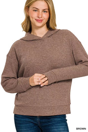 Ribbed Long Sleeve Hoodie Brown | Hoodies Daverri Fashions