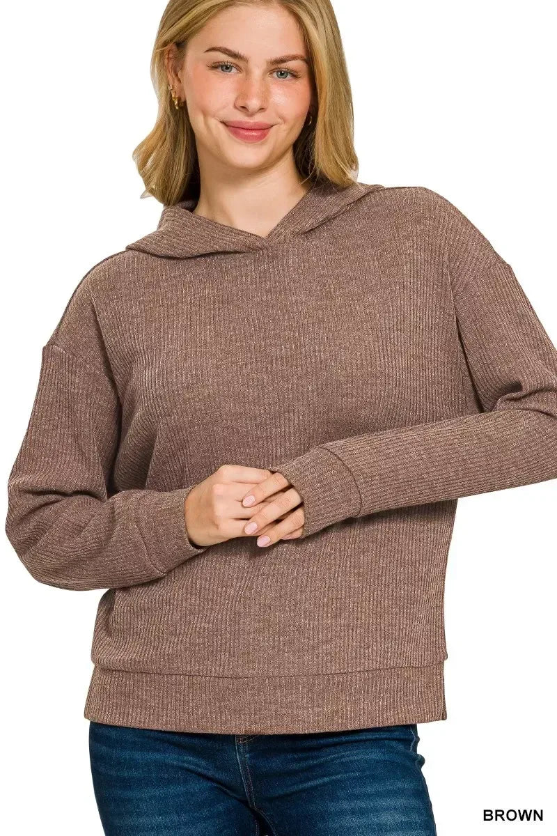 Ribbed Long Sleeve Hoodie Brown - DAVERRI FASHIONS