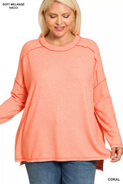 Zenana Full Size Melange Hacci Exposed Seam Hi-low Tee Plus Size | Daverri Fashions