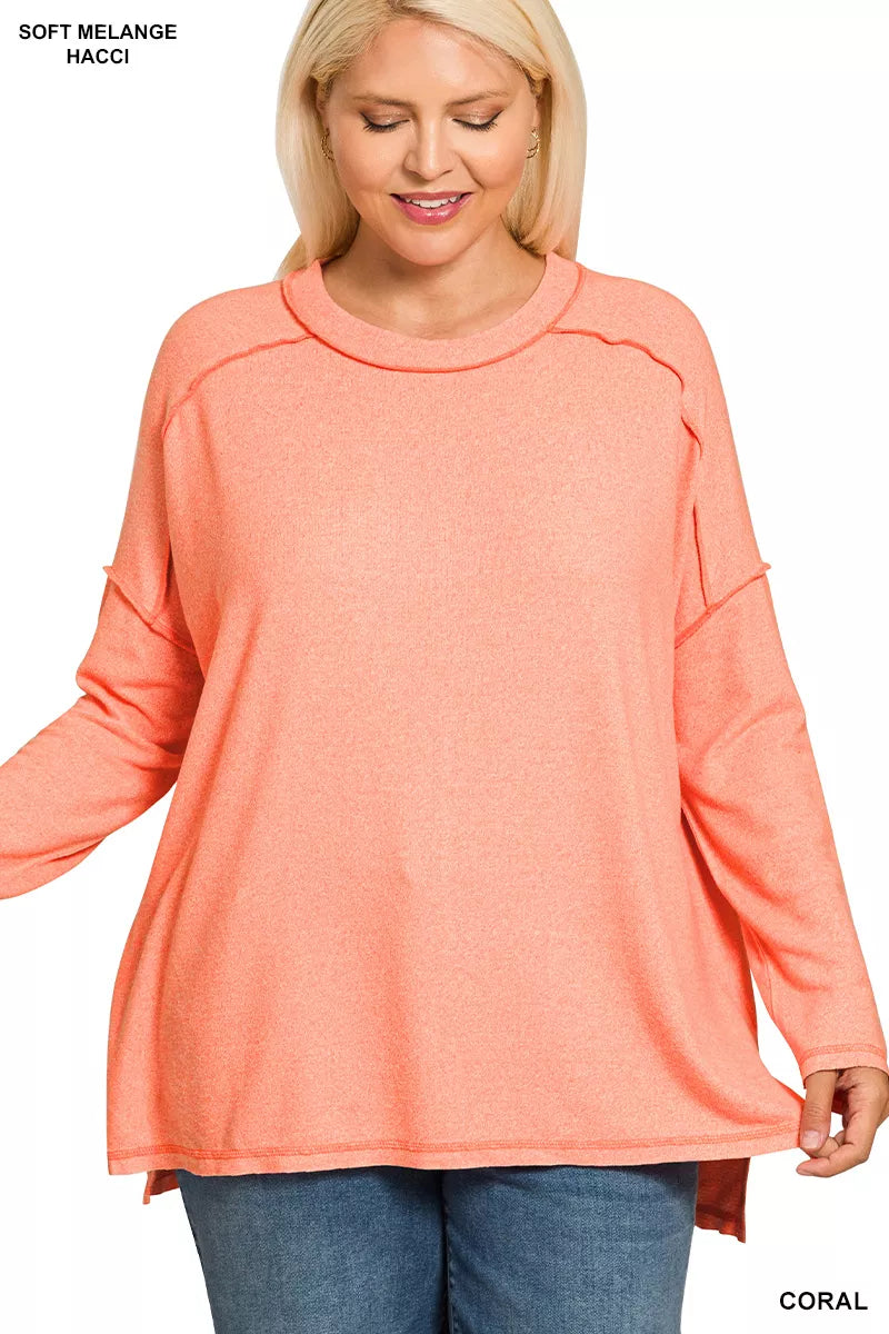 Zenana Full Size Melange Hacci Exposed Seam Hi-low Tee Plus Size | Daverri Fashions