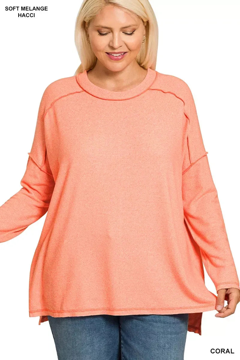 Zenana Full Size Melange Hacci Exposed Seam Hi-low Tee Plus Size - DAVERRI FASHIONS