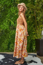 Davi & Dani Multi Smocked Bodice Geo Ruffle Strappy Midi Dress | Midi Dresses Daverri Fashions