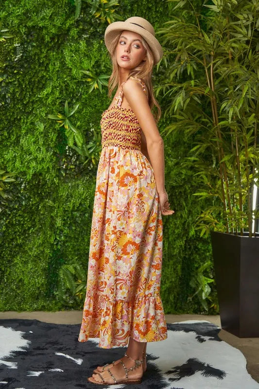 Davi & Dani Multi Smocked Bodice Geo Ruffle Strappy Midi Dress Midi Dresses