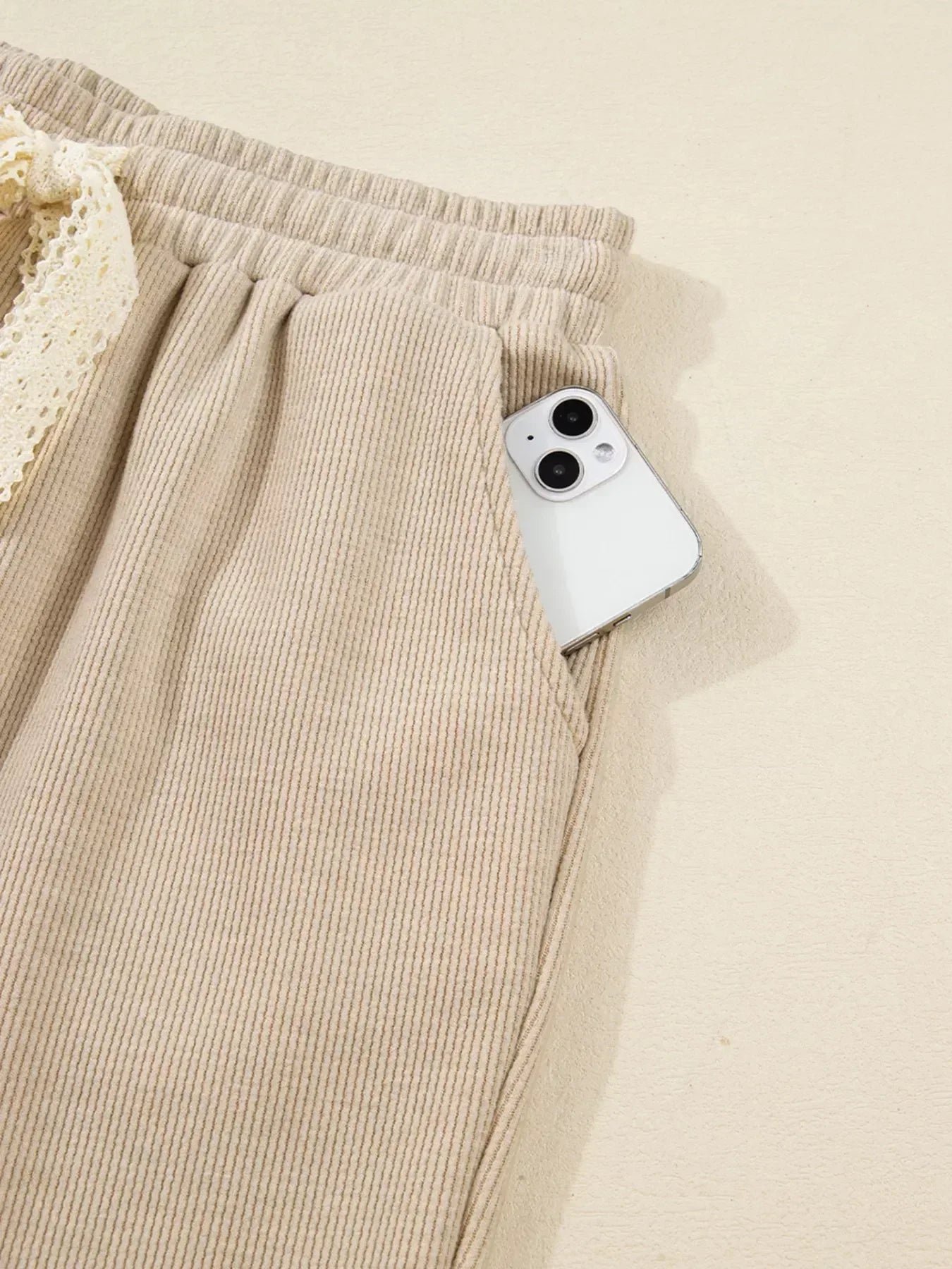 Lace Drawstring Hoodie and High Waist Pants Corduroy Set - DAVERRI FASHIONS