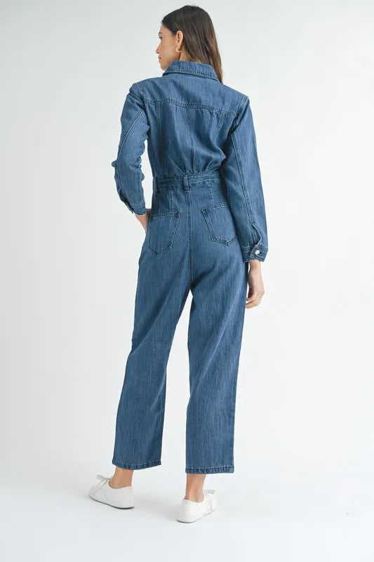 MABLE Cinched Waist Straight Leg Denim Jumpsuit Jumpsuits