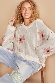 POL Floral Pattern Hooded High-Low Sweater Pale Almond L