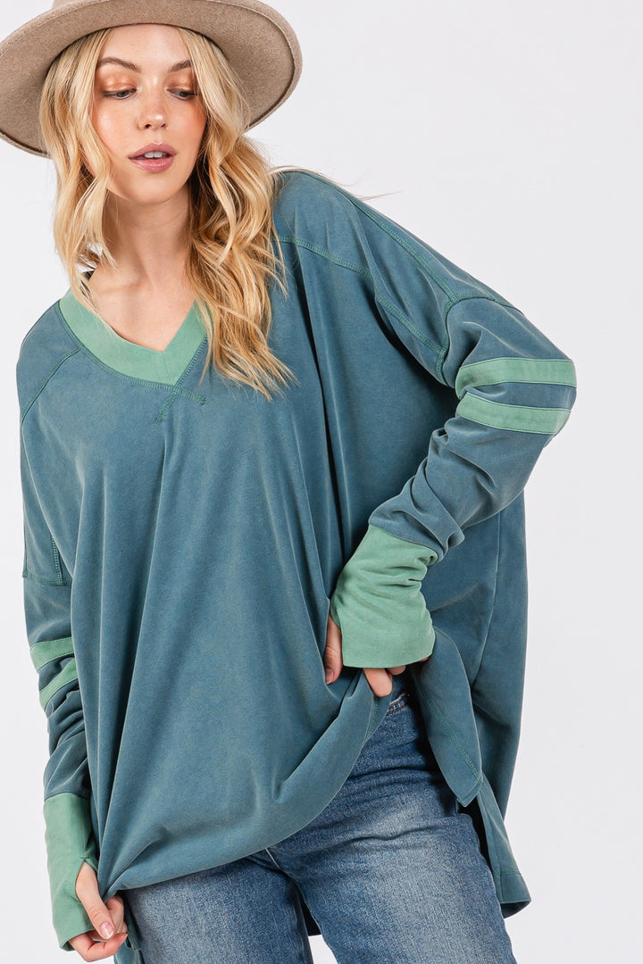 SAGE + FIG Mineral Wash Side Slit Contrast Top Tops