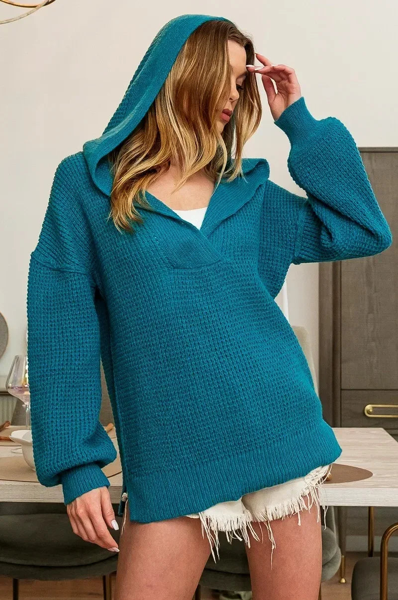 BiBi Raw Edge Detail V-Neck Sweater Hoodie - DAVERRI FASHIONS