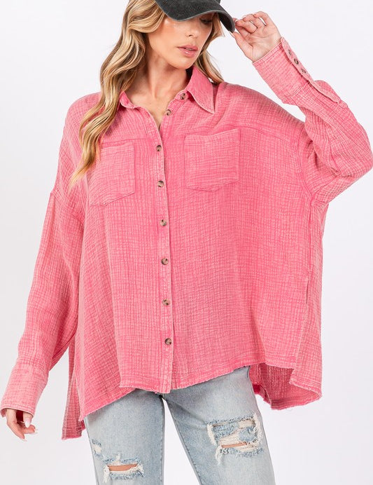 SAGE + FIG Frayed Hem Side Slit Button Down Shirt Pink