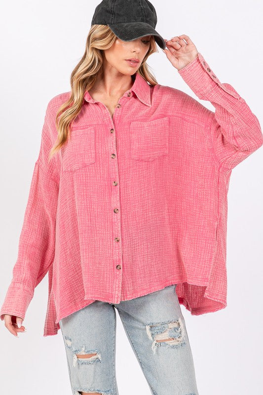 SAGE + FIG Frayed Hem Side Slit Button Down Shirt Pink