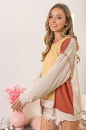 BiBi Waffle-Knit Exposed Seam Color Block Uneven Hem Top | Tops Daverri Fashions