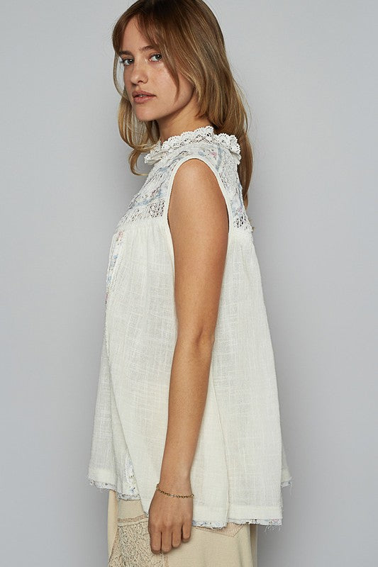 POL Lace Detail Floral Sleeveless Rayon Gauze Top Tops