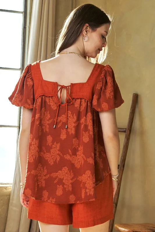 Davi & Dani Nature Printed Square Neck Puff Sleeve Blouse