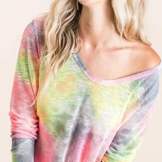 BiBi multicolored tie-dye off-shoulder knit top