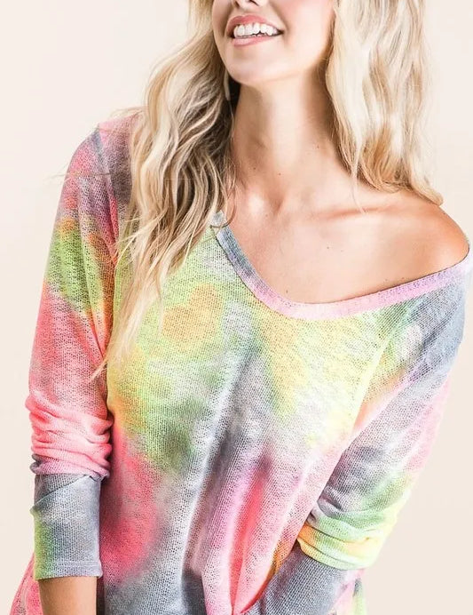 BiBi Tie Dye Print Low Gauge Knit Top | Knit Tops Daverri Fashions