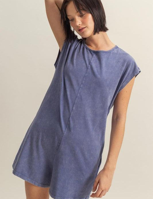 Dusty Blue HYFVE Round Neck Cap Sleeve Relaxed Fit Breezy Romper | Rompers Daverri Fashions