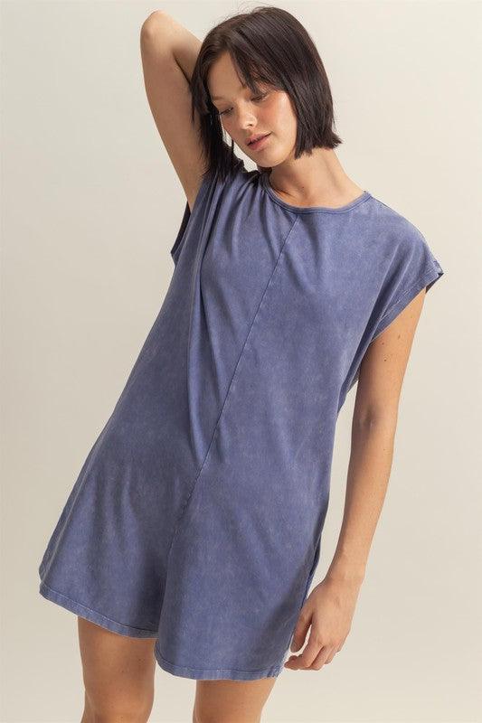 HYFVE Round Neck Cap Sleeve Relaxed Fit Breezy Romper Dusty Blue Rompers