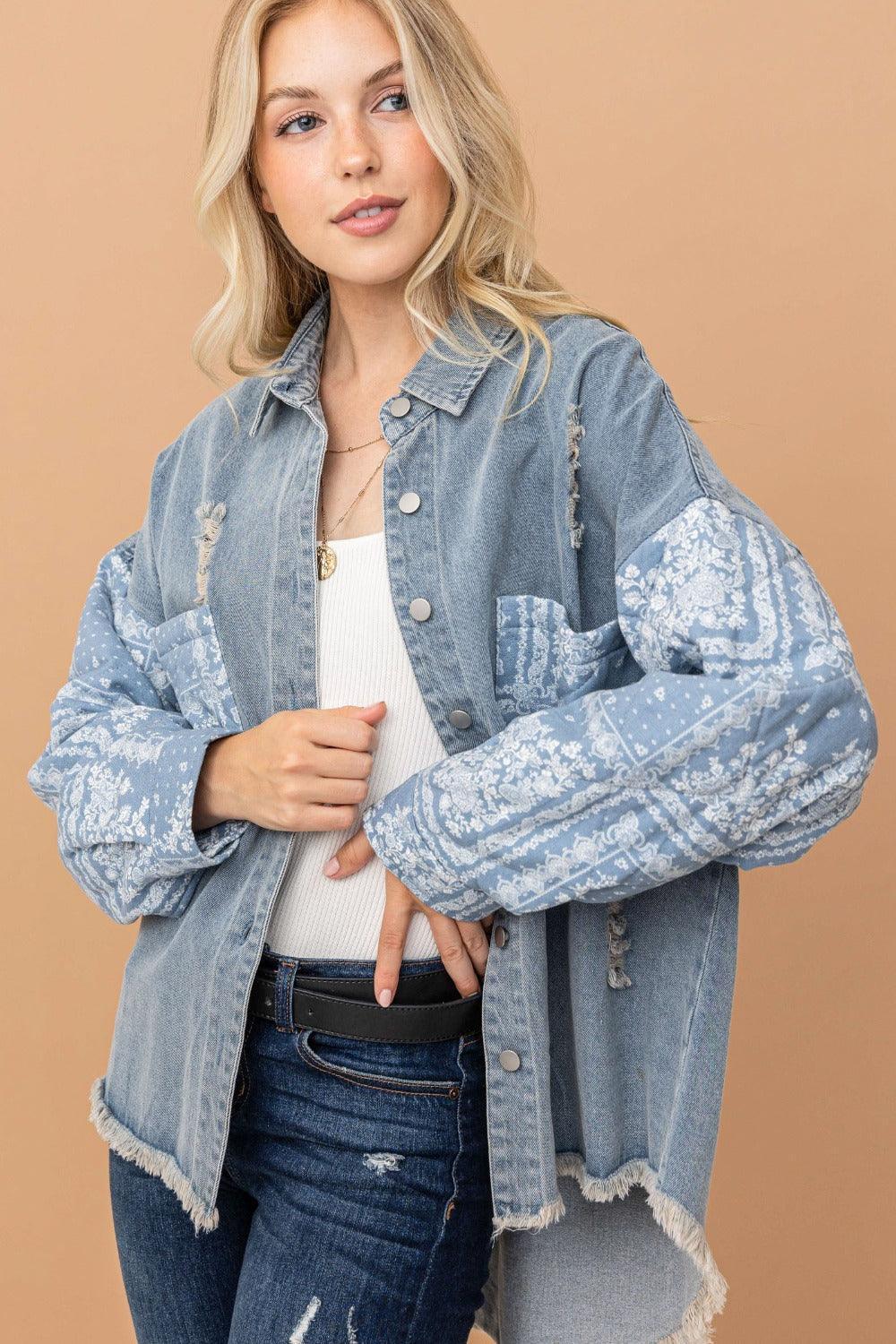 And The Why Full Size Paisley Print Quilted Sleeves Denim Jacket - DAVERRI FASHIONS