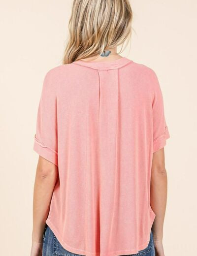 Mittoshop Mineral Wash Henley Short Sleeve Waffle Knit Top