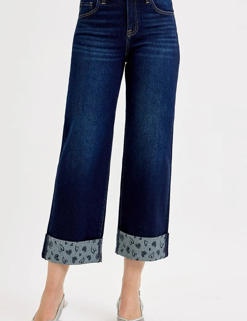 DARK RISEN Full Size Mid Rise Fit Crop Wide With Printed Cuff Jeans | Jeans Daverri Fashions