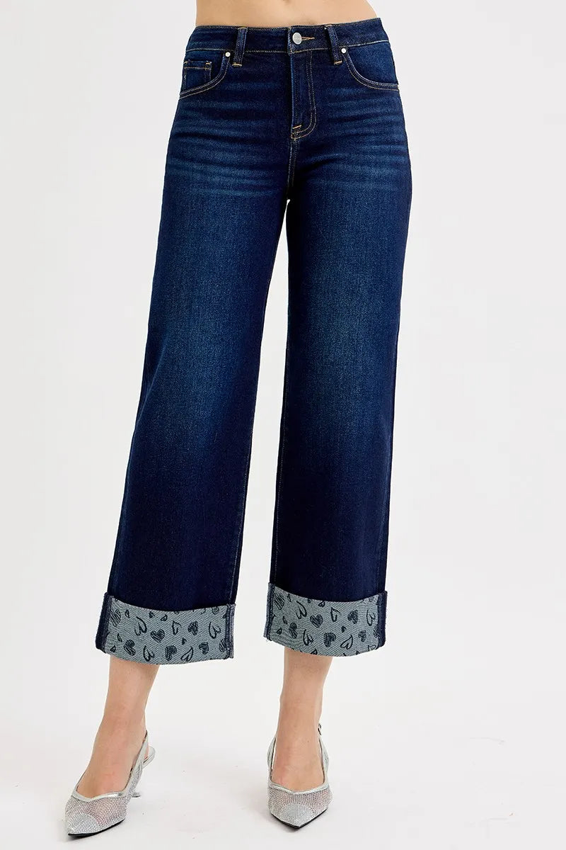 RISEN Full Size Mid Rise Fit Crop Wide With Printed Cuff Jeans DARK Jeans