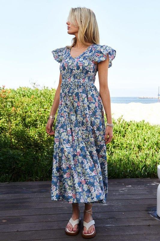 Vintage Garden Floral Flutter Smocking Midi Dress Mid Dresses