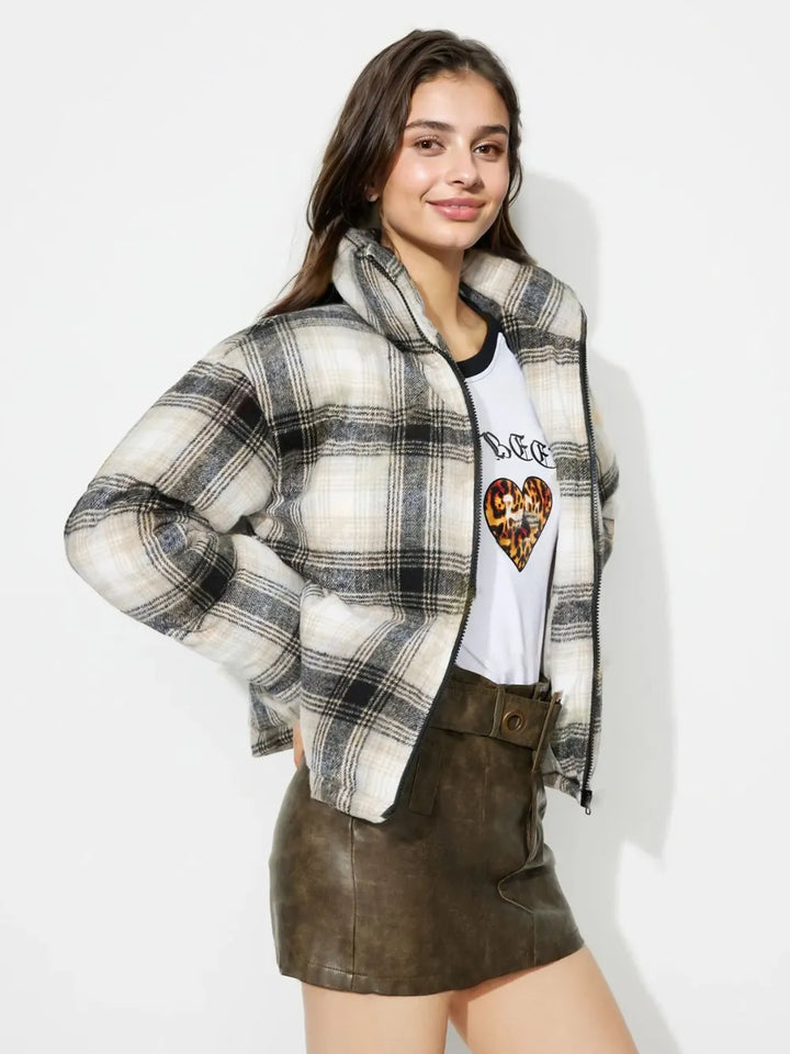 Plaid Zip Up Long Sleeve Jacket | Jackets Daverri Fashions
