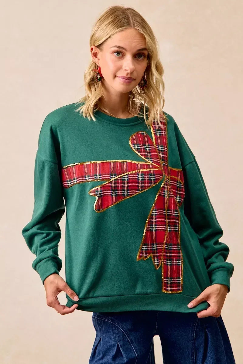 BiBi Plaid Ribbon Bow Detail Christmas Fleece Pullover - DAVERRI FASHIONS