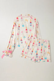 Bow Printed Collared Neck Top and Drawstring Shorts Lounge Set | Loungewear Sets Daverri Fashions