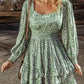 Green floral ruffle hem square neck long sleeve mini dress