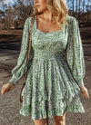 Green floral ruffle hem square neck long sleeve mini dress