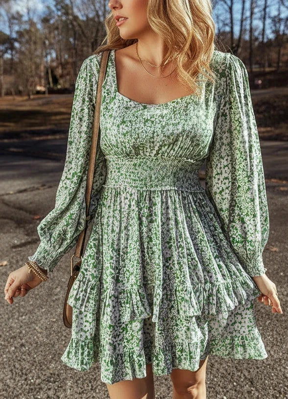 Green floral ruffle hem square neck long sleeve mini dress
