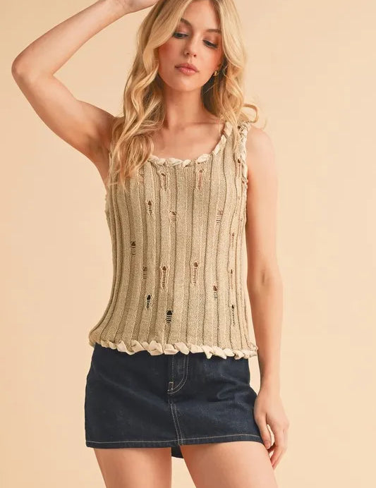 KHAKI Aemi+Co Distressed Detail Round Neck Knit Tank | Daverri Fashions