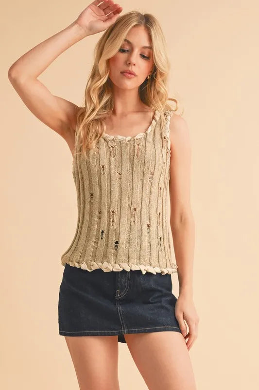 KHAKI Aemi+Co Distressed Detail Round Neck Knit Tank | Daverri Fashions