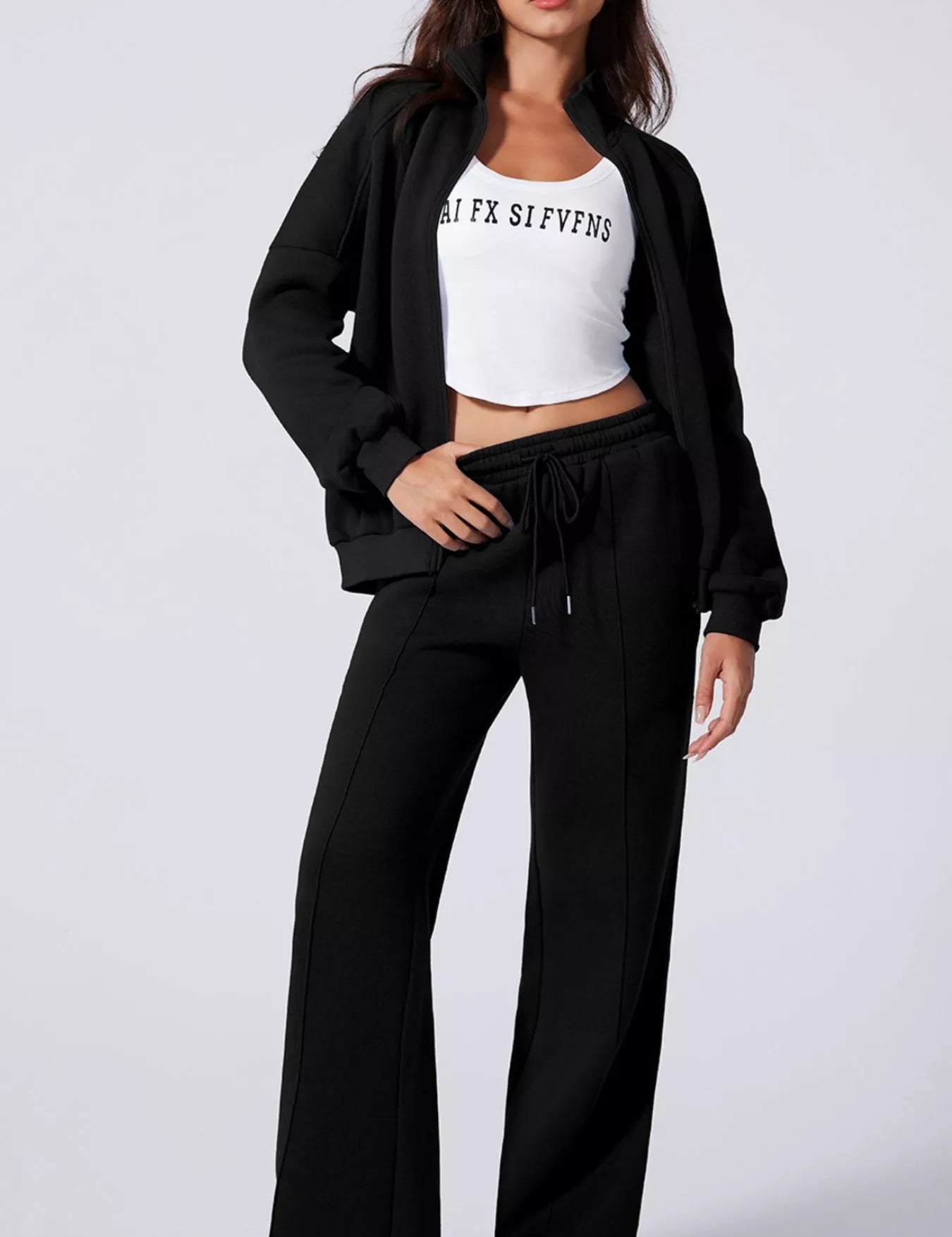 Black Drop Shoulder Zip Up Jacket and Drawstring Pants Active 2pcs Set | Loungewear Sets Daverri Fashions