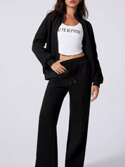 Black Drop Shoulder Zip Up Jacket and Drawstring Pants Active 2pcs Set | Loungewear Sets Daverri Fashions