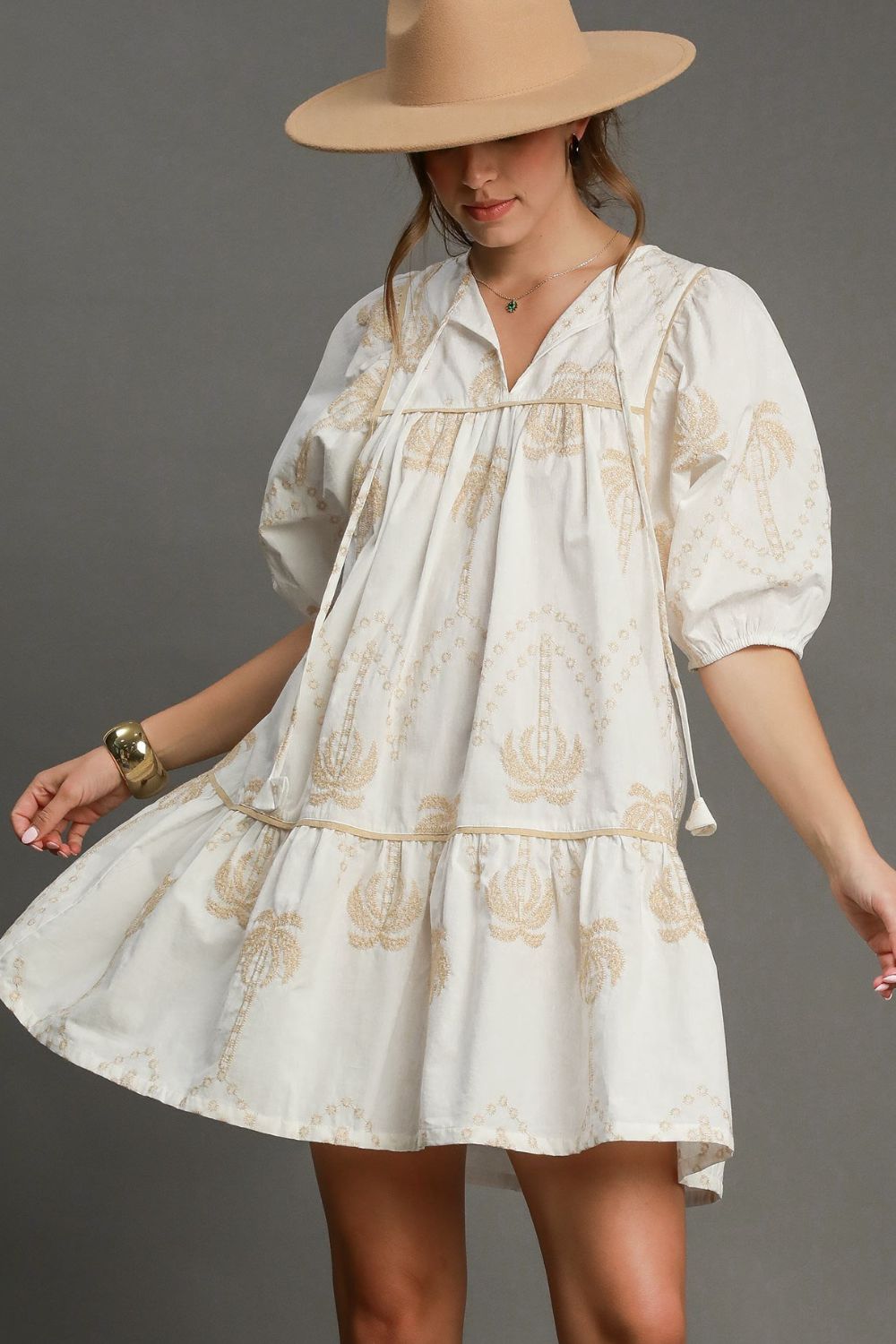 Umgee Full Size Embroidered Puff Sleeve Babydoll Dress Plus Size Off white