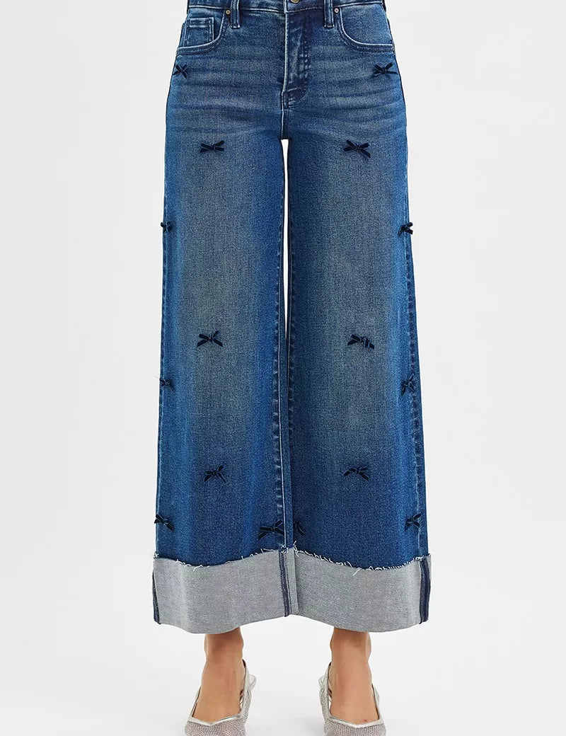 DARK RISEN High Rise Crop Wide Leg Ribbon Detail Jeans | Jeans Daverri Fashions