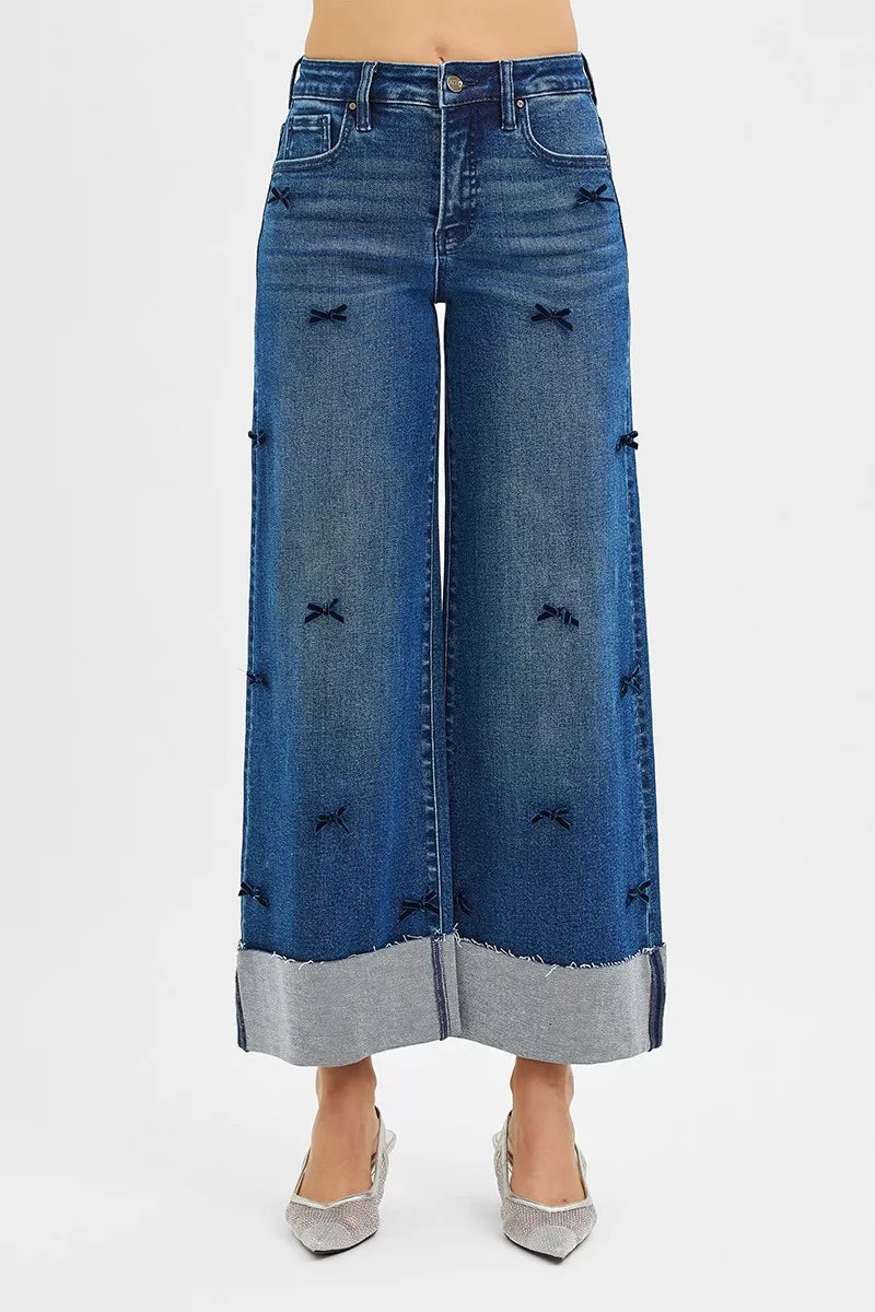 DARK RISEN High Rise Crop Wide Leg Ribbon Detail Jeans | Jeans Daverri Fashions