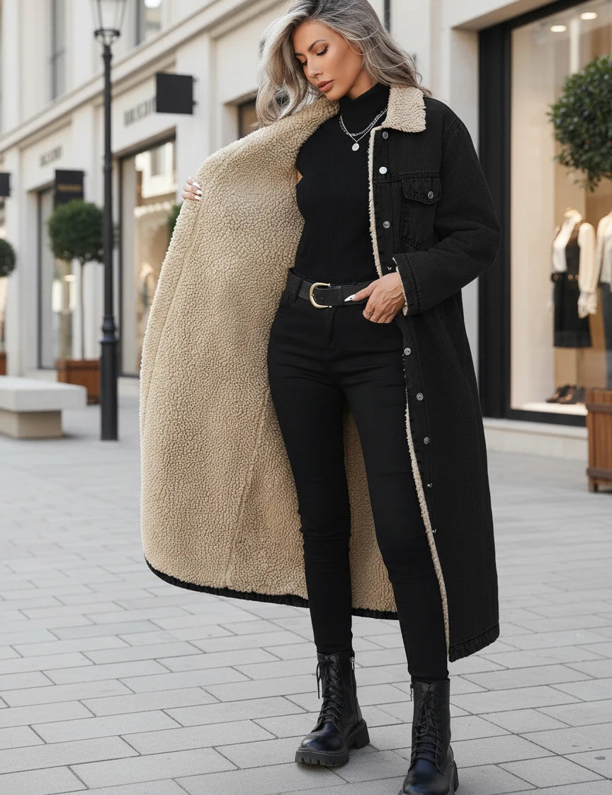 Sherpa-lined longline denim jacket with beige teddy coat, black buttons, belt, faux fur lining