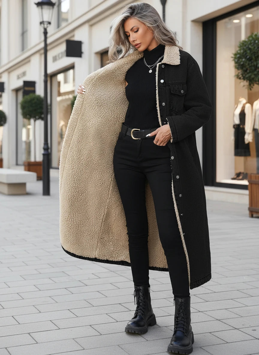 Sherpa-lined longline denim jacket with beige teddy coat, black buttons, belt, faux fur lining