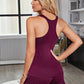 Daverri lounge set: maroon racerback tank with ruffled hem, shorts, black trim