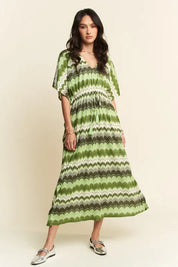 Davi & Dani Multi Color Wavy Tie Waist Flowy Sleeve Dress | Daverri Fashions