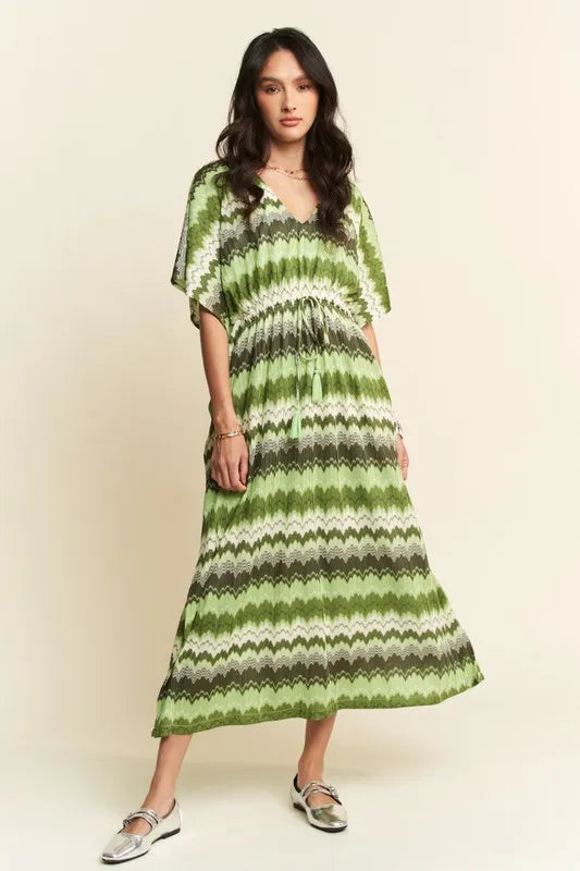 Davi & Dani Multi Color Wavy Tie Waist Flowy Sleeve Dress