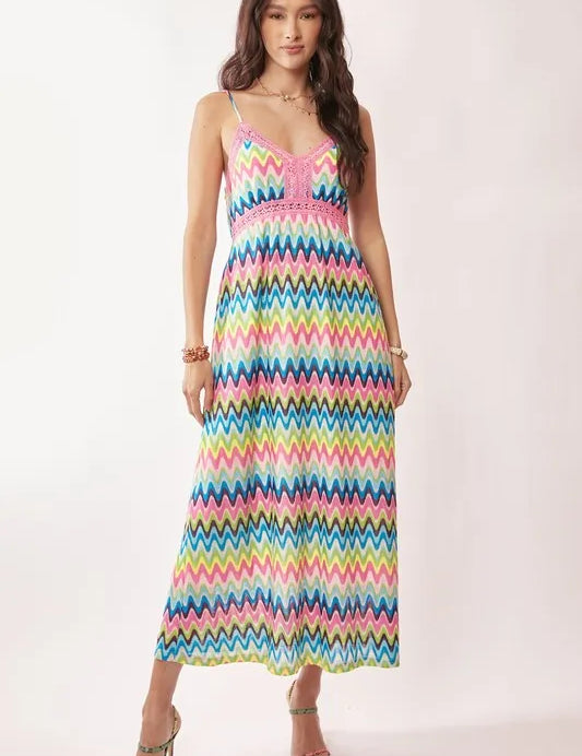 Pink Blue Davi & Dani Multi Color Crochet Lace Midi Dress | Daverri Fashions
