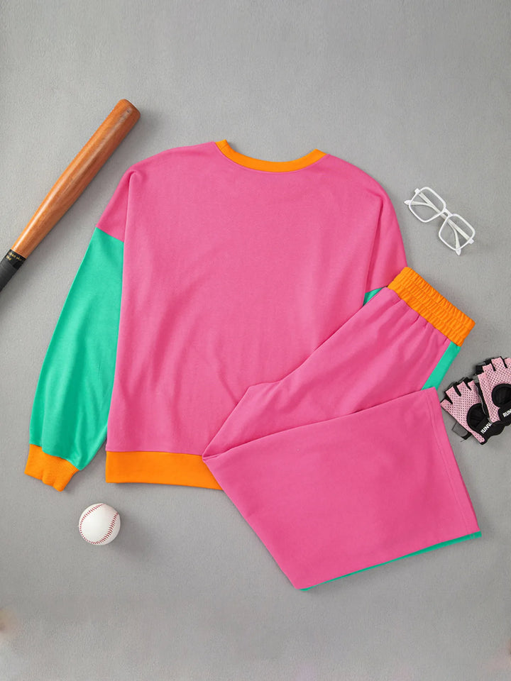 Color Block Round Neck Top and Pants Set | Loungewear Sets Daverri Fashions