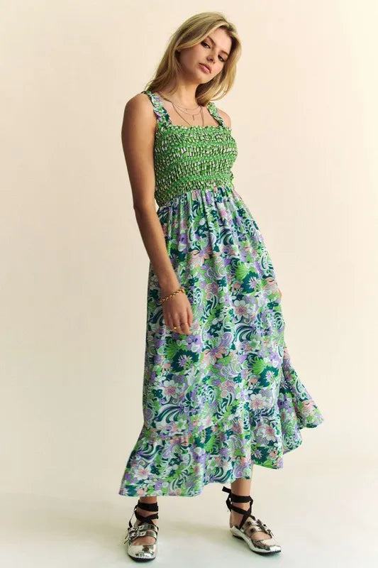 Davi & Dani Multi Smocked Bodice Geo Ruffle Strappy Midi Dress Midi Dresses