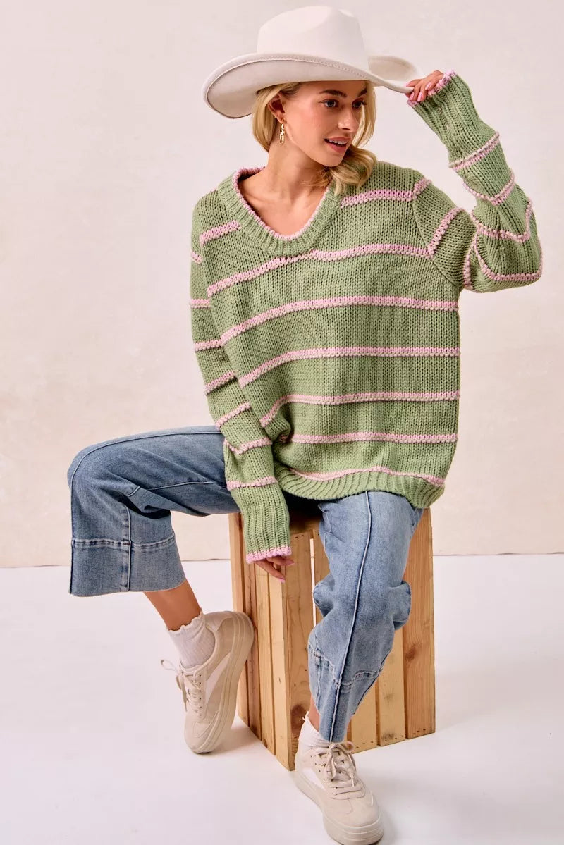 BiBi Striped Long Sleeve Sweater | Sweaters Daverri Fashions