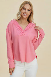 Pink Double Take Full Size High-Low Dropped Shoulder Long Sleeve Hoodie | Hoodies Daverri Fashions